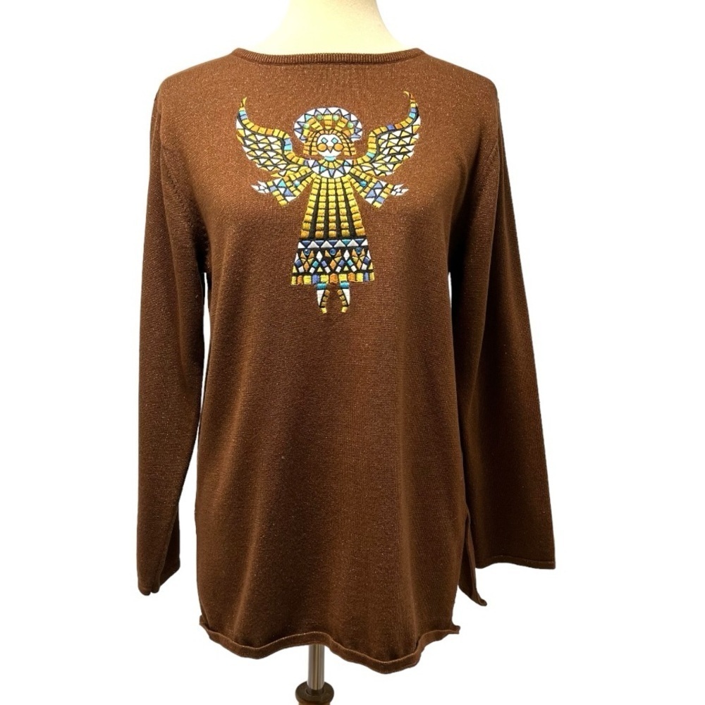 Bob Mackie Wearable Art Brown Metallic Angel Long Sleeve Tunic Top Womens Medium - Picture 2 of 10
